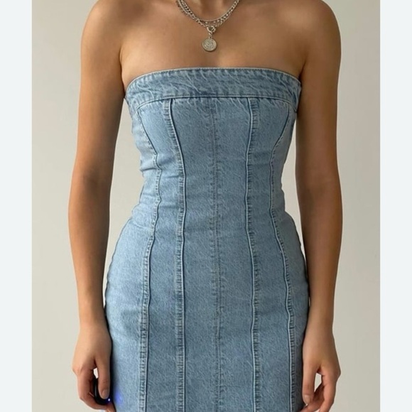 Asos Strapless Denim Mini Dress With Slit Hem - Picture 11 of 13